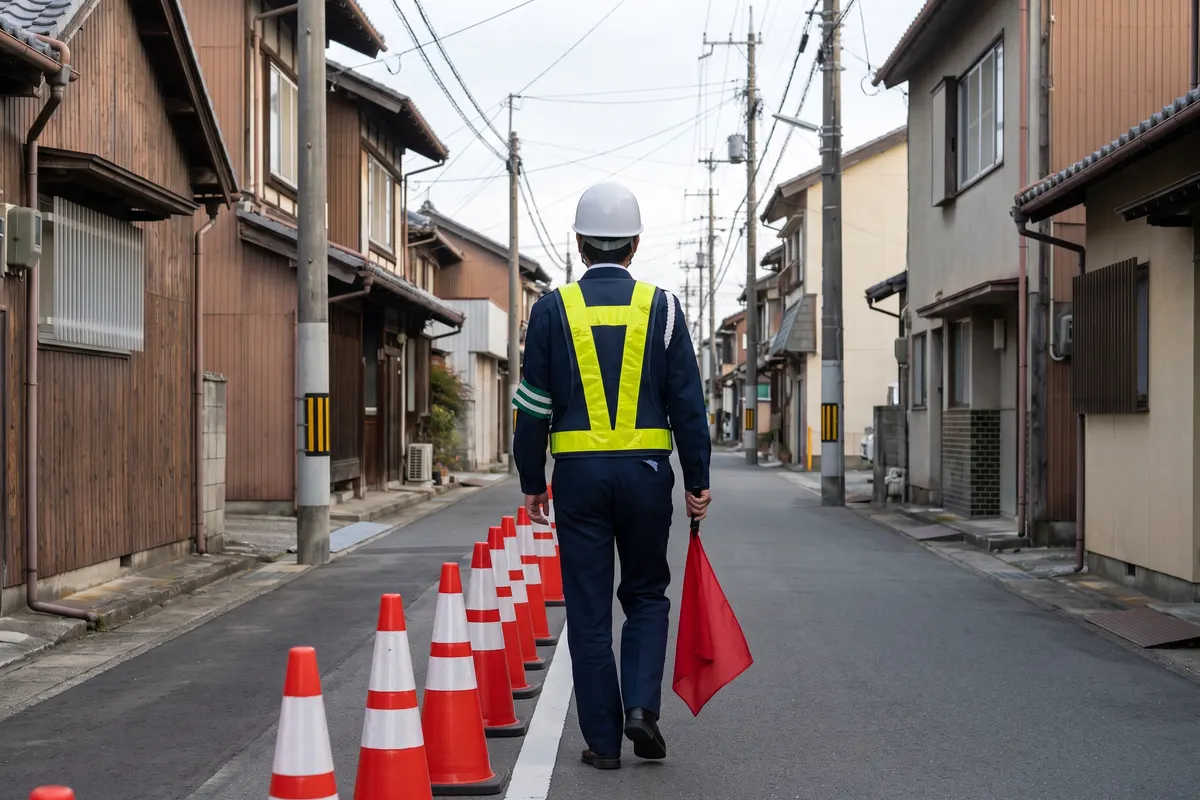 コーンの並ぶ道を、旗を持って歩く警備員の後ろ姿