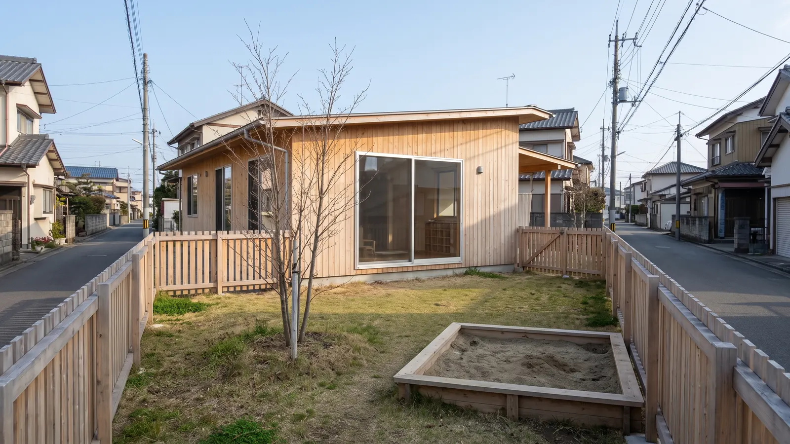 芝生の庭と低い木の柵のある、平屋の園舎