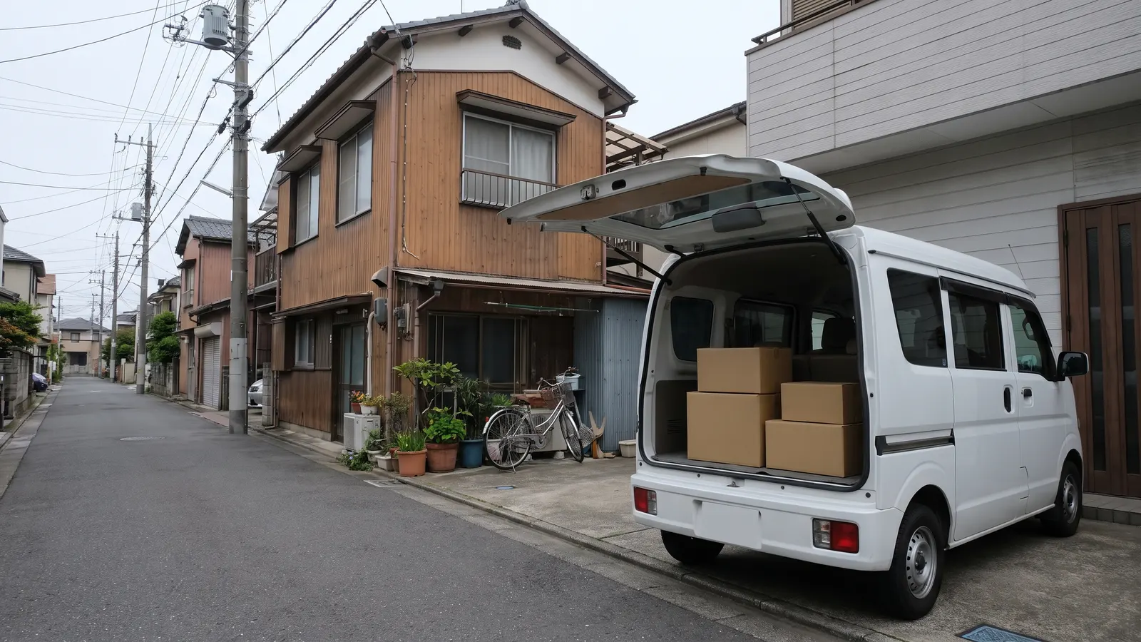 荷物を積んで住宅地に止めた白い軽自動車