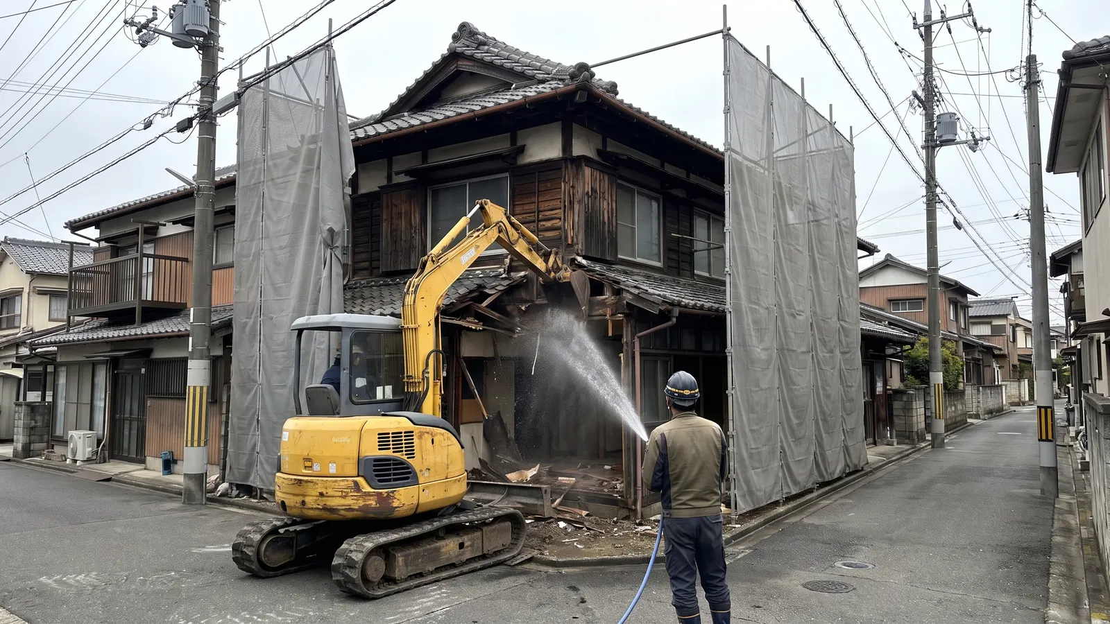 水をまきながら古い木造の家を解体する重機