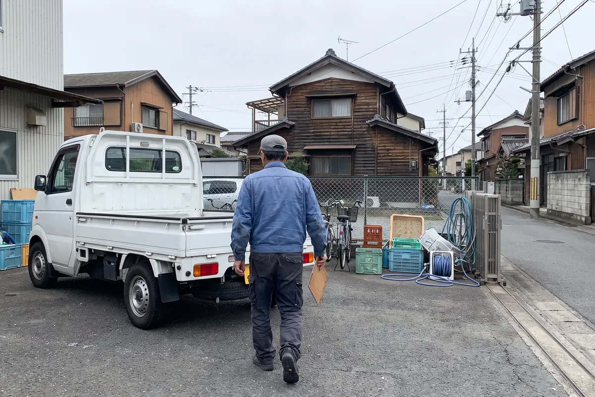 朝の車庫でトラックへ向かうドライバーの後ろ姿