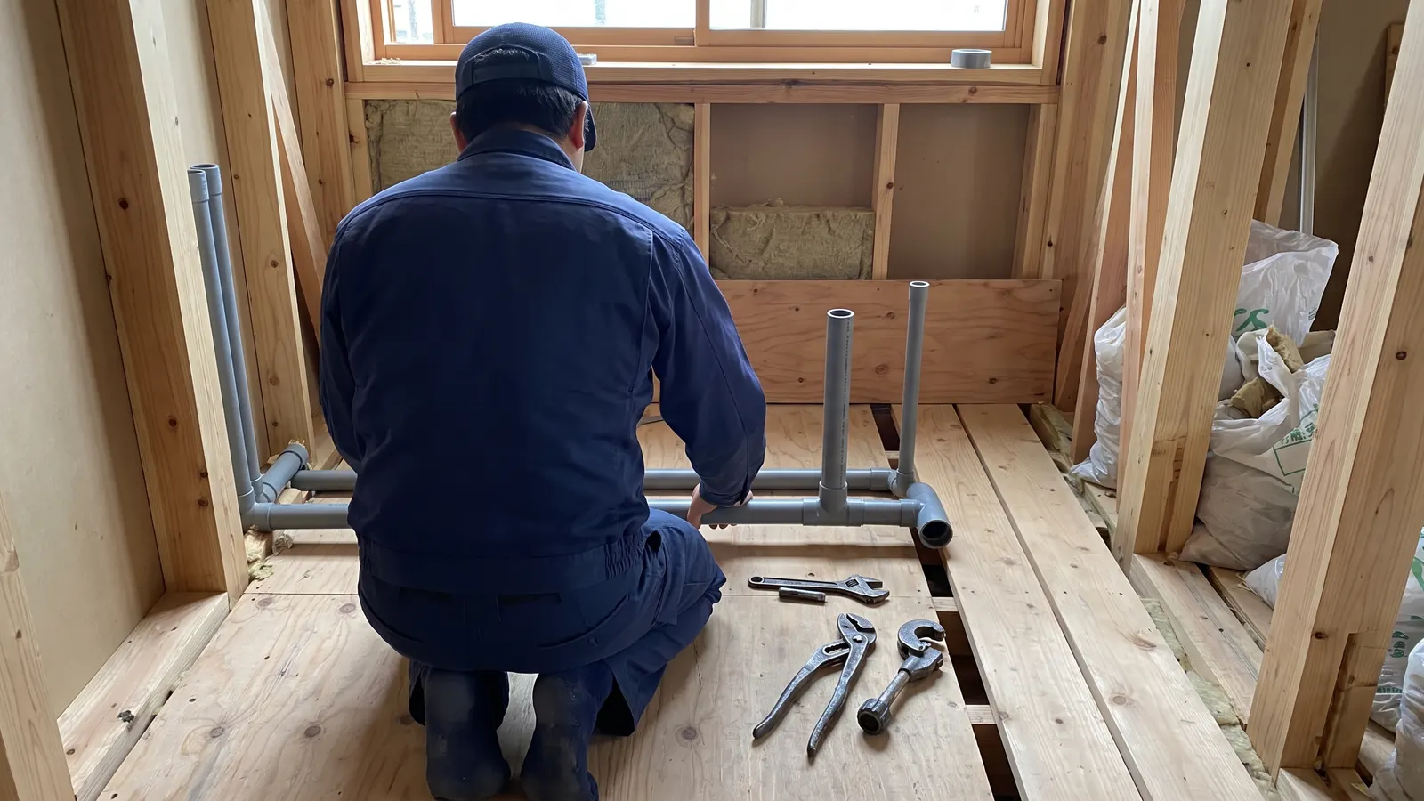 建築中の家の浴室で配管をつなぐ職人の後ろ姿