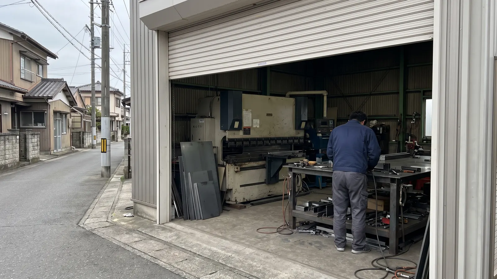 シャッターを開けた板金の工場と作業員の後ろ姿
