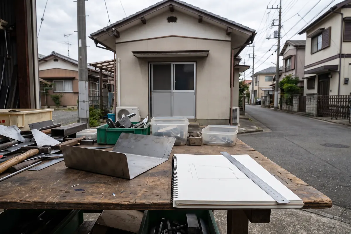 作業台に置いた試作の部品と鉛筆の下書き