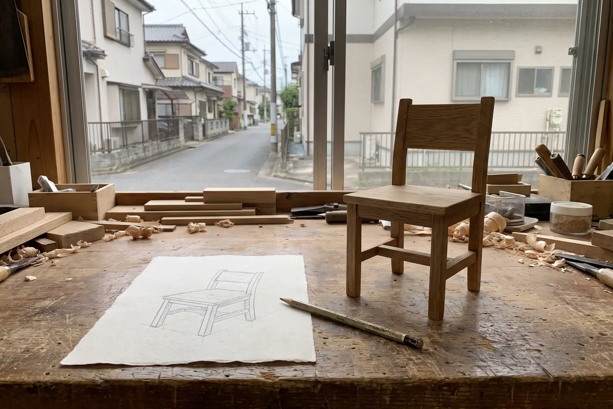 作業台に置いた小さな椅子と、鉛筆で描いた椅子の図