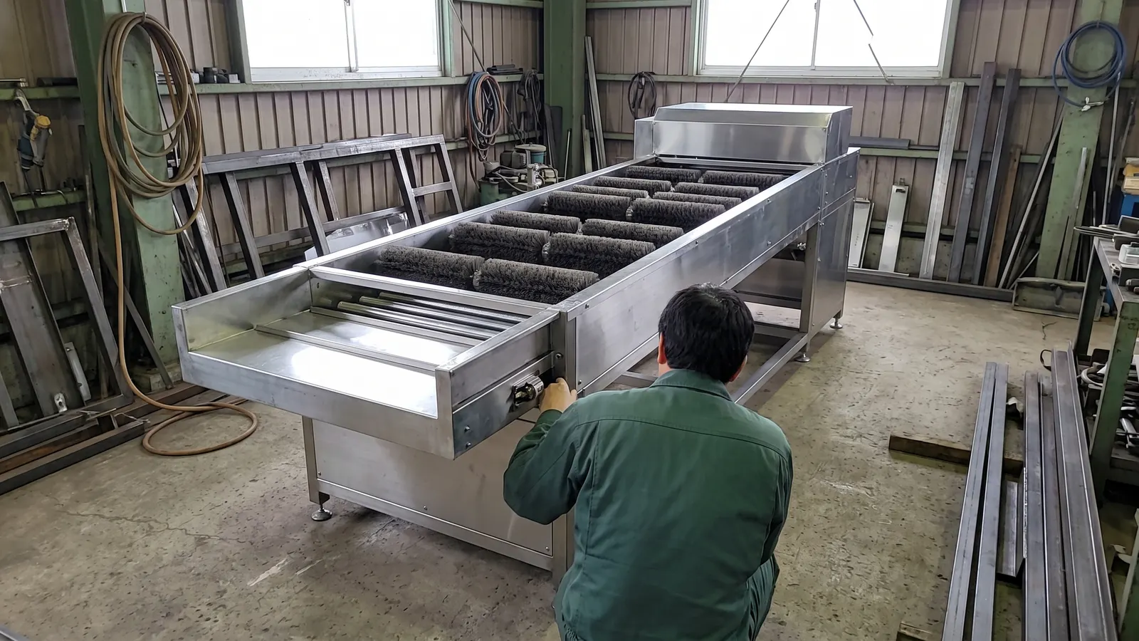 組み上がった野菜を洗う機械と、横で確かめる作業員の後ろ姿