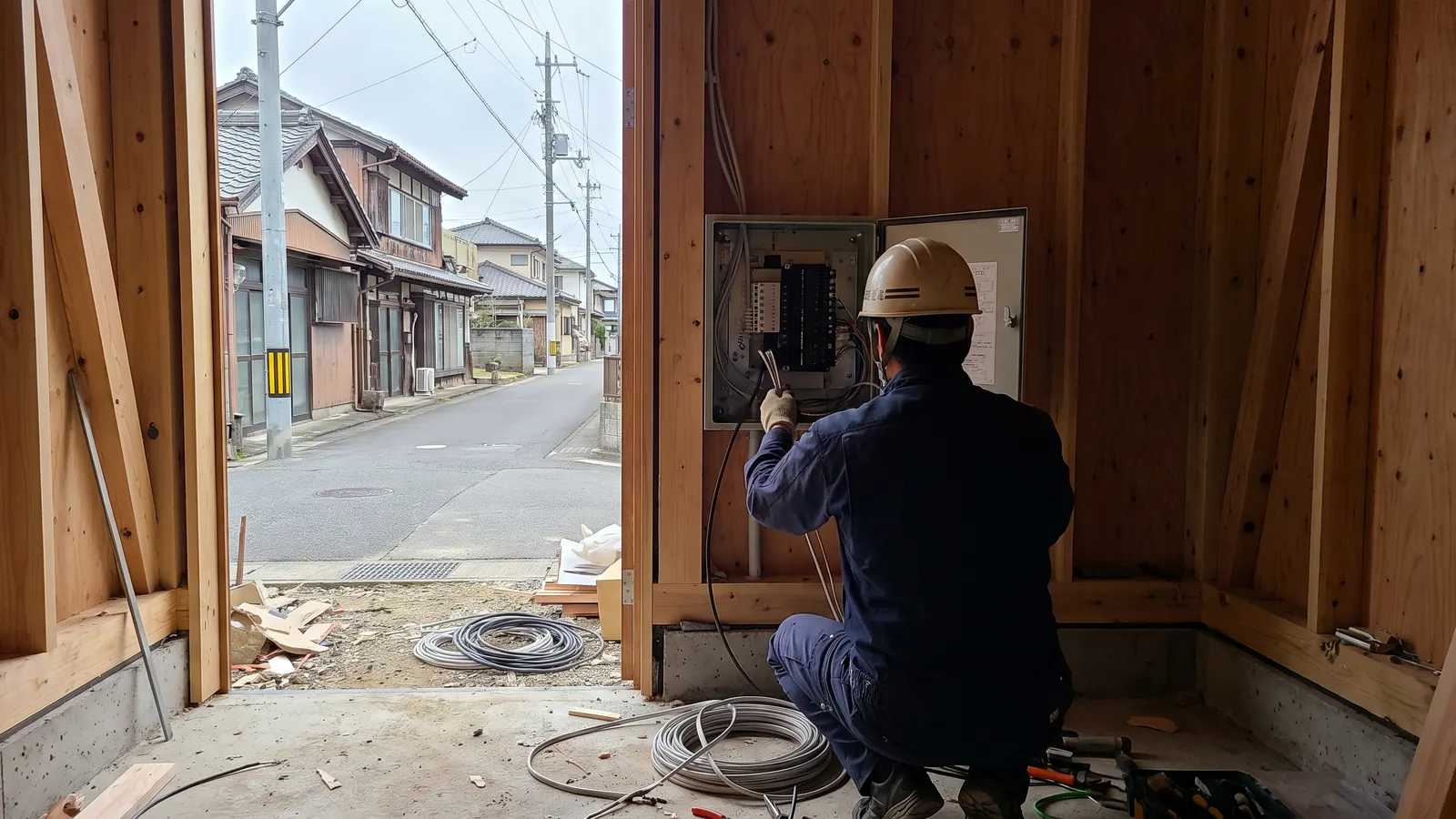 建築中の家で分電盤の配線をする電気工事士の後ろ姿
