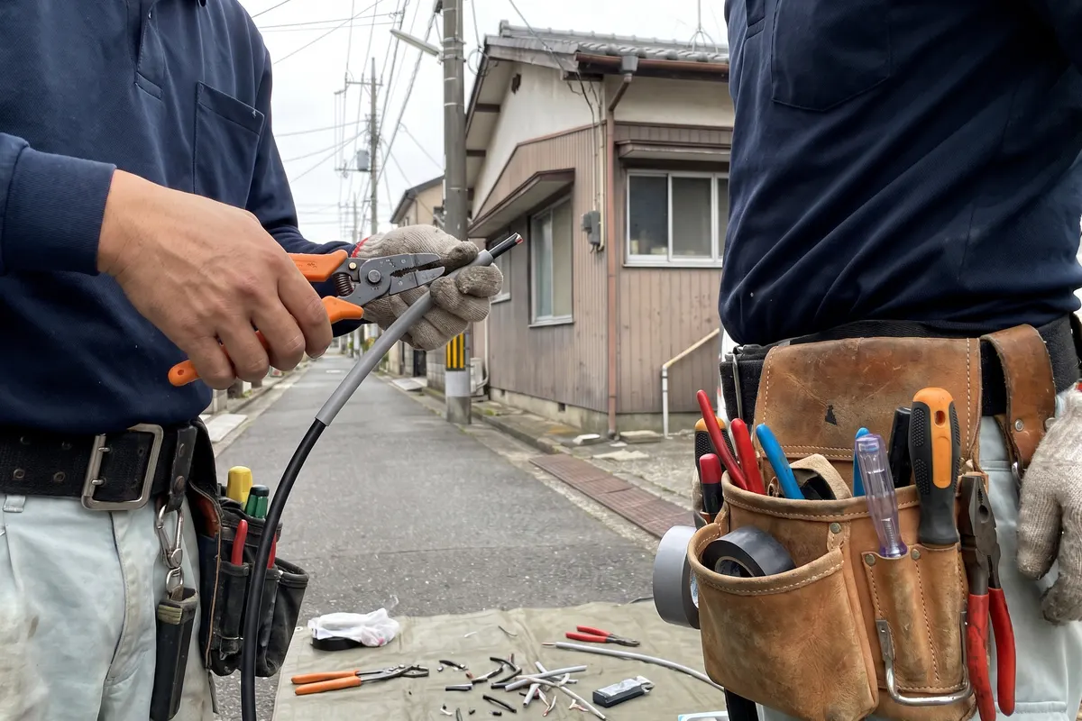 電線の被覆をむく電気工事士の手と腰の道具
