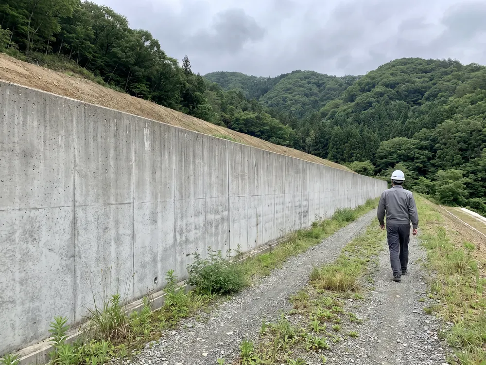 埋立地の縁のコンクリートの擁壁に沿って歩き、見回る作業員の後ろ姿