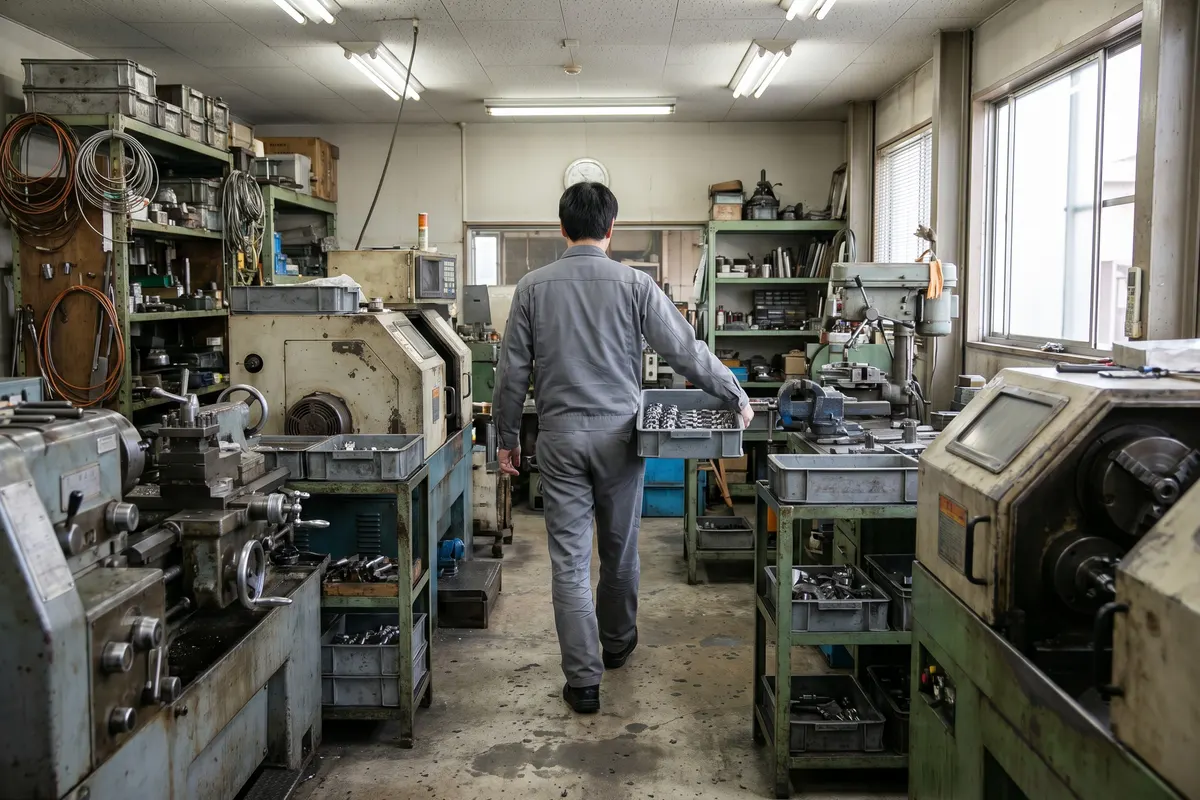 部品を載せたトレーを運ぶ作業員の後ろ姿