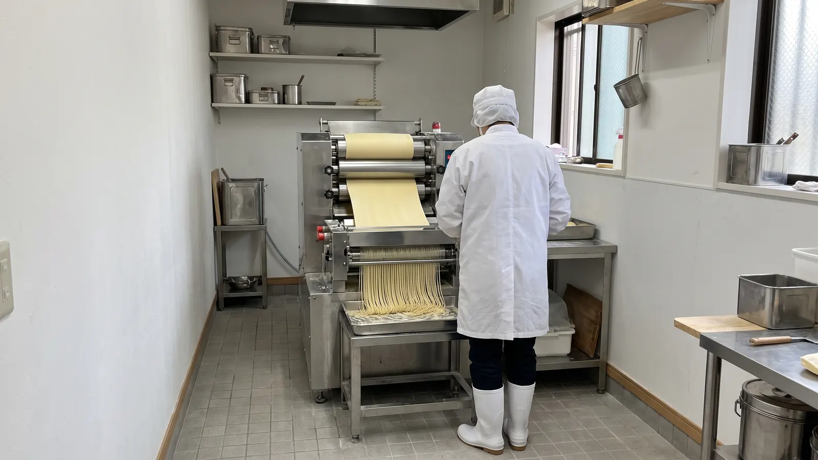 生地を延ばして麺に切る機械と、そばに立つ作業員の後ろ姿